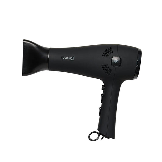 Roomwell Revo Cord Keeper Hair Dryer, Powerful 1800-2100 W, Fast Drying with 2 Speed, 3 Heat Settings, Cool Button Black