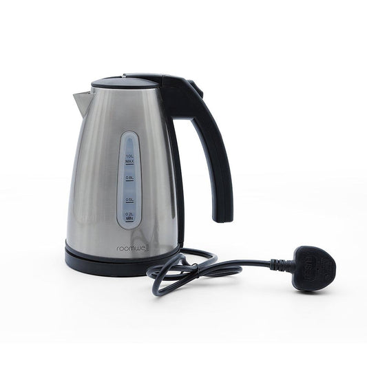 Roomwell UK 304 Stainless Steel Regent Electric Kettle 1.0 L, 1500 W, Cordless, Boil Dry Protection & Auto Shut- off, Strix UK Controller - HorecaStore