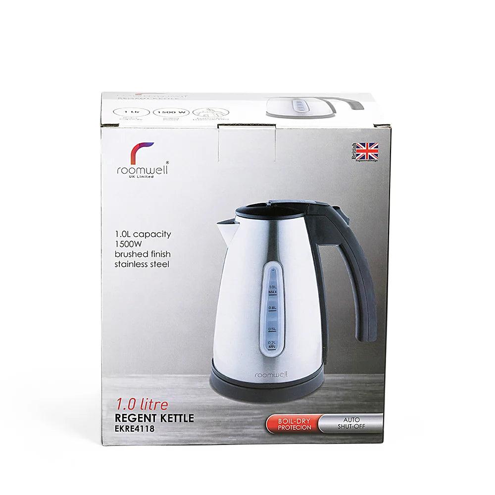 Roomwell UK 304 Stainless Steel Regent Electric Kettle 1.0 L, 1500 W, Cordless, Boil Dry Protection & Auto Shut- off, Strix UK Controller - HorecaStore