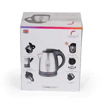 Roomwell UK Stainless Steel Rio Electric Kettle 1.0 L, 2000 W, Cordless, Boil Dry Protection & Auto Shut-off, Strix UK Controller