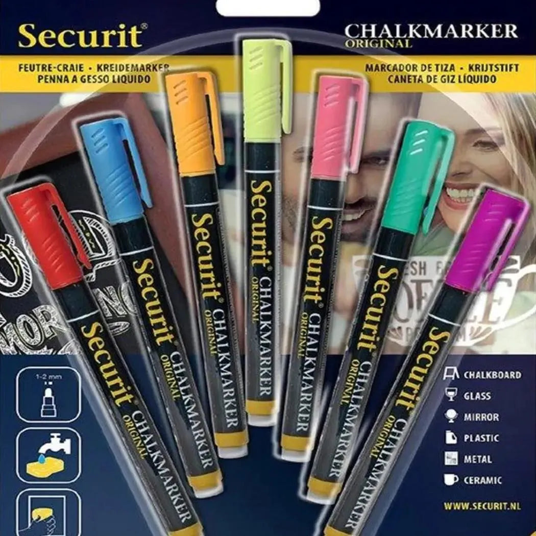 Securit BL-SMA100-V7-AS Chalkmarkers Blister, Color Assorted, Set of 7