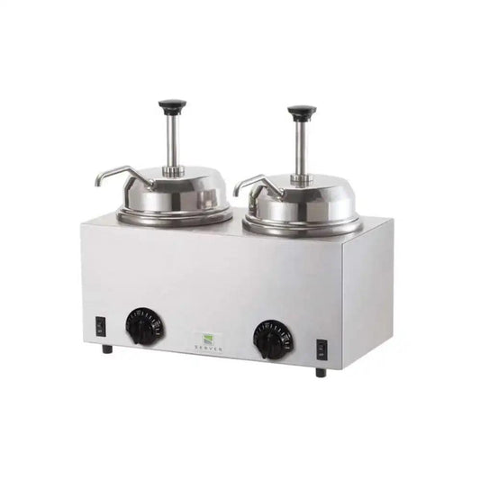 server usa fsp 84990 hot topping twin pump ladle warmer stainless steel thermostats heat control 38 9 x 43 2 x 34 3 cm 2 x 2 8 liter jars 1000 w