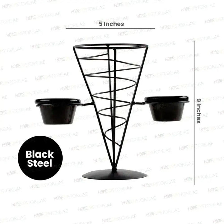 Tablecraft ACR259 Black Steel Wire Cone Basket With 2 Ramekins, 5 x 9'' - HorecaStore