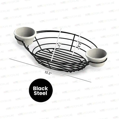 Tablecraft H711372BK Black Steel Oval Basket With Ramekin Holders, 13.2