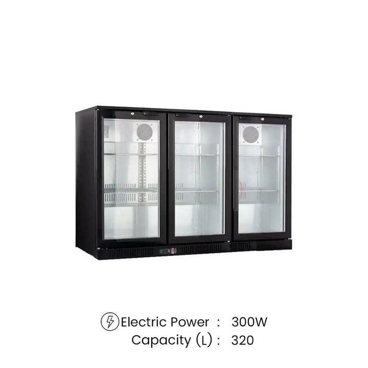 tecnocooler bc03ps stainless steel bar cooler 3 sliding glass doors 2 moveable shelves 320 liters capacity electric power 300w 135 x 52 x 90 cm