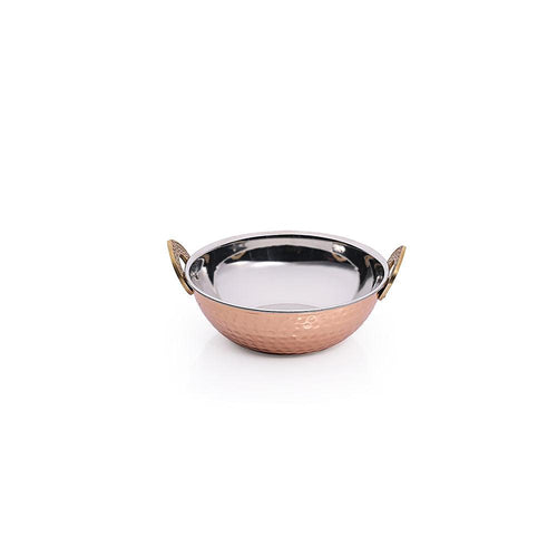 THS Hammered Finish Stainless Steel karahi with Brass Handles 15.6x5.75cm, 600ml copper