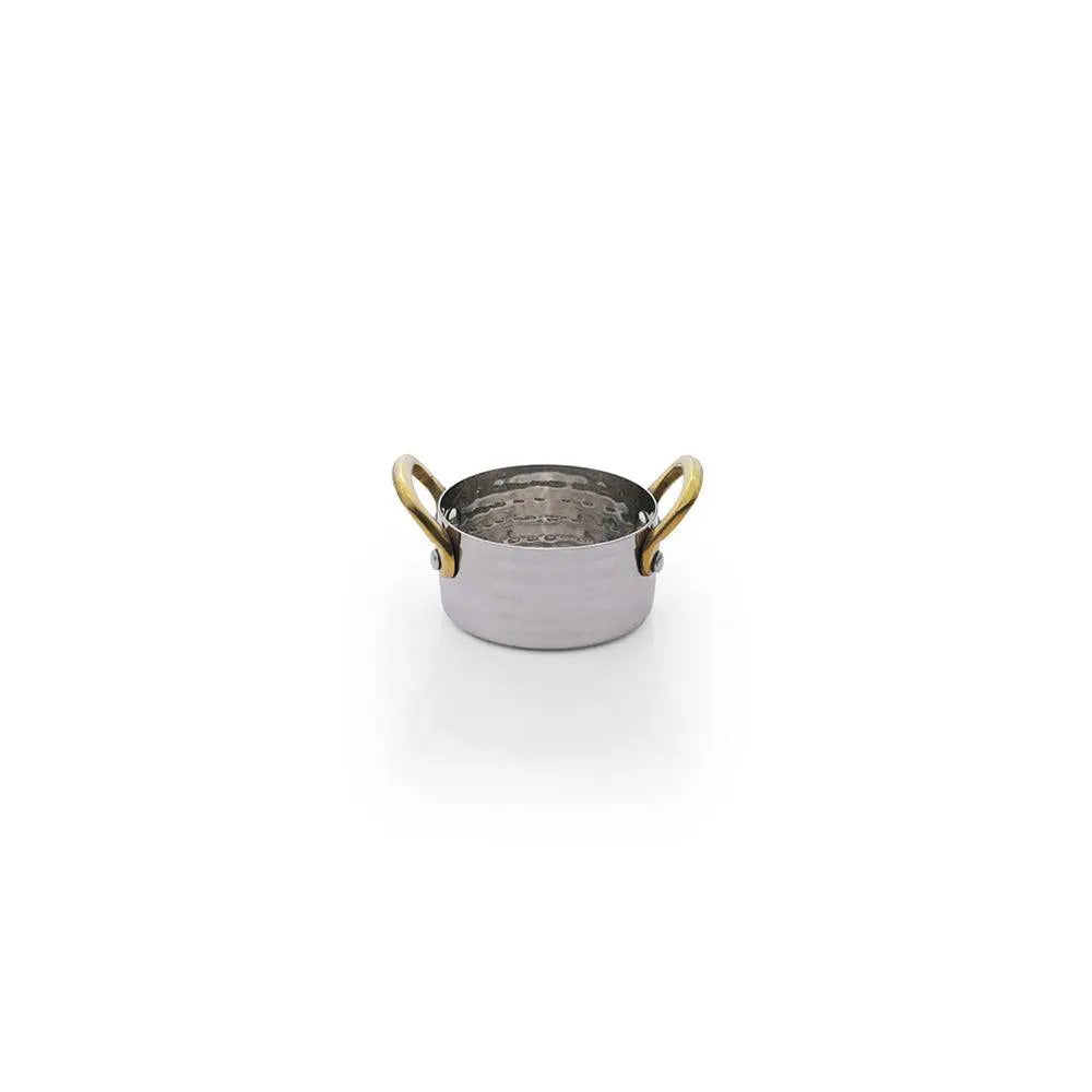 THS Stainless Steel 3 Mini Saucepan with brass handles and wooden tray 7x3.75cm