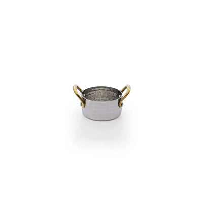 THS Stainless Steel 3 Mini Saucepan with brass handles and wooden tray 7x3.75cm