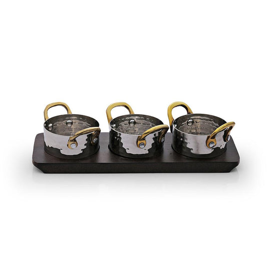 THS Stainless Steel 3 Mini Saucepan with brass handles and wooden tray 7x3.75cm - HorecaStore