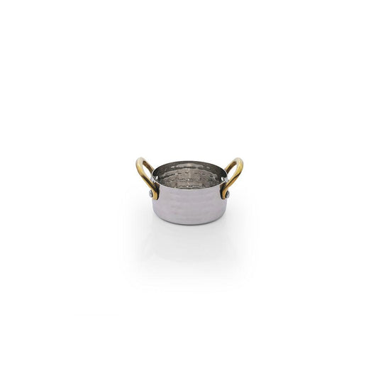 THS Stainless Steel 3 Mini Saucepan with brass handles and wooden tray 7x3.75cm - HorecaStore