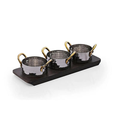 THS Stainless Steel 3 Mini Saucepan with brass handles and wooden tray 7x3.75cm