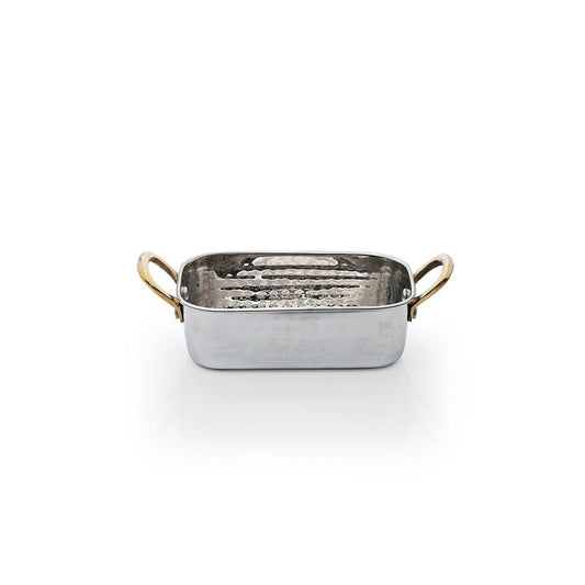 THS Stainless Steel Roaster Rect 300ml Brass Handles with Wooden Board 12.5x8.5x4cm - HorecaStore
