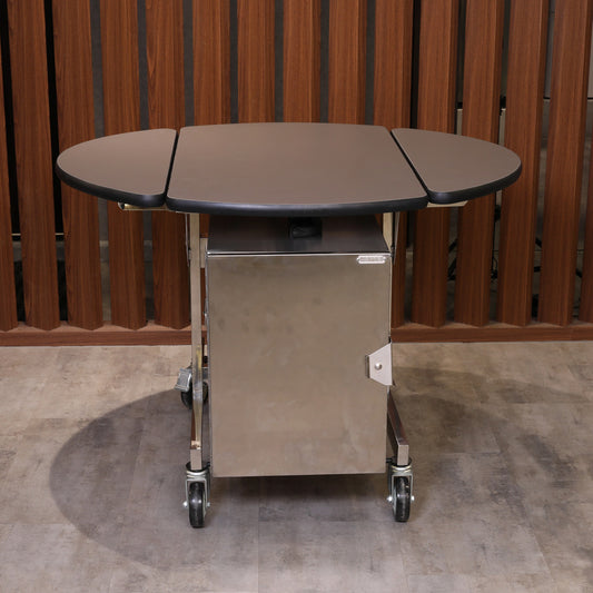 VM BI-Fold Round Room Service Trolley With Hotbox L91 x W78 x H75 cm, Top And Double Drop Leafs, 4 Swivel Non Scratching Silent Wheel, Grey