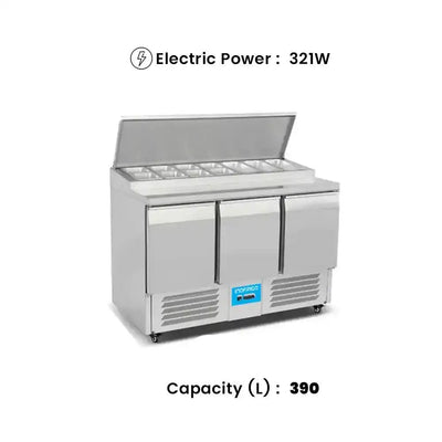 inofrigo ps300 pizza saladette with table top design for gn pans stainless steel gn 1 6 shelf size 136 5 x 70 x 98 cm 390 liters