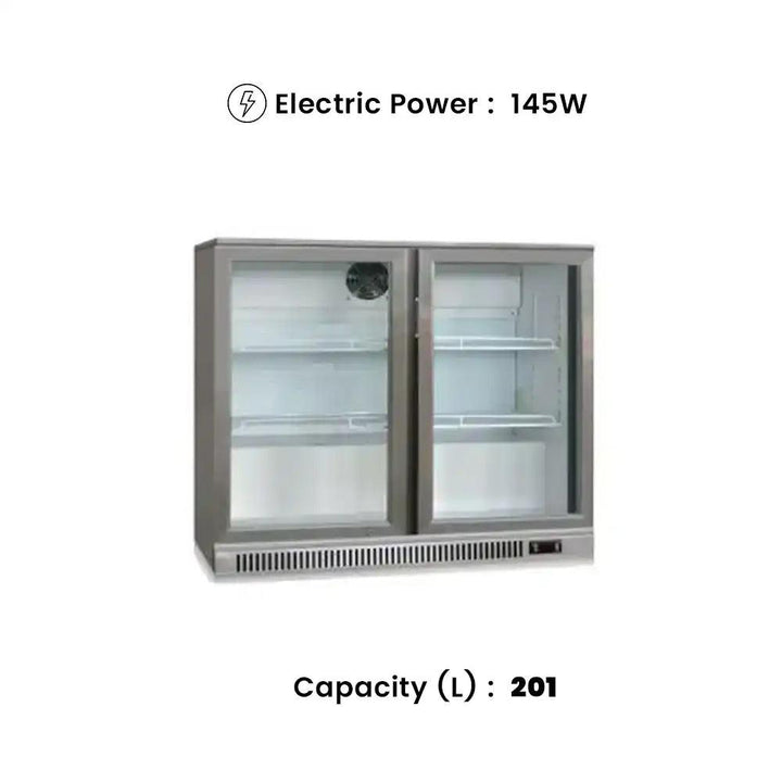 tecnocooler bc02sp stainless steel bar cooler 2 hinged doors 2 moveable shelves 201 liters capacity electric power 145w 92 x 51 x 89 5 cm