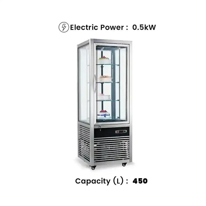 inofrigo fg418l1 s single upright chiller showcase rotating with full glass and led light stainless steel coating 64 x 64 x 185 cm 4 shelves