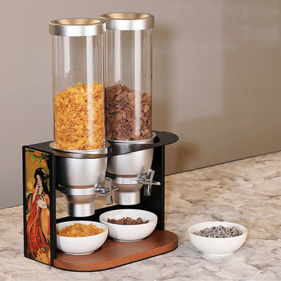 Wundermaxx Acrylic Twin Cereal  Dispenser,  Stainless Steel Frame and  Wooden Base 35 x 21 x 55 cm