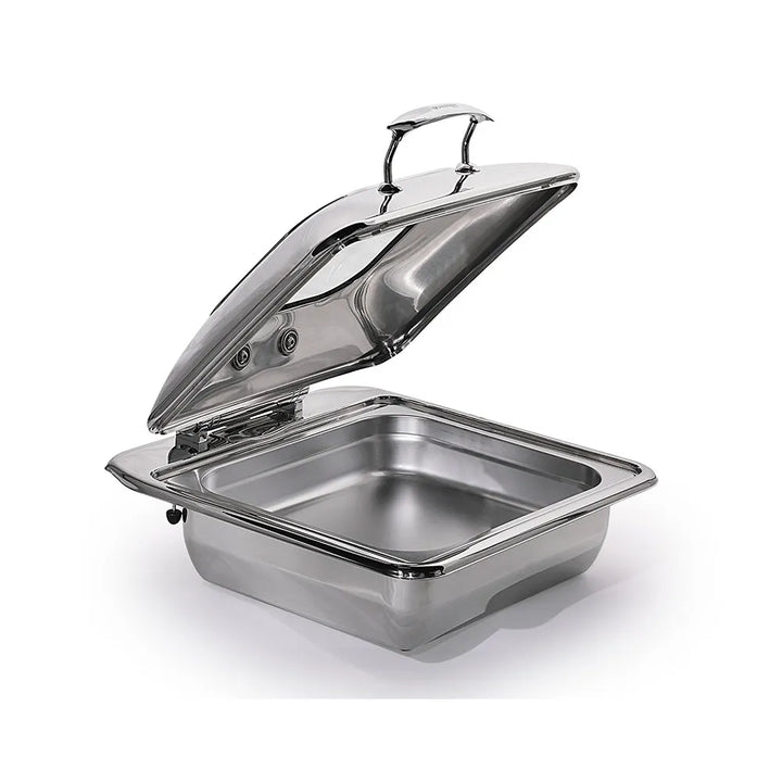 wundermaxx gluck stainless steel square induction chafing dish with glass lid l41 x w 45 5 x h 21 cm capacity 6 litres