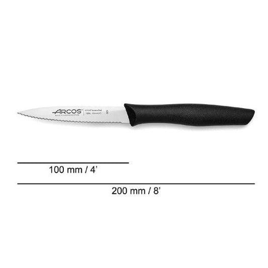 Arcos Wavy Edge Paring Knife 4 Inch Stainless Steel. Professional Kitchen Knife for Peeling Fruits and Vegetables. Ergonomic Polyoxymethylene Handle and 100mm Blade, Series Maitre, Color Black - thehorecastore