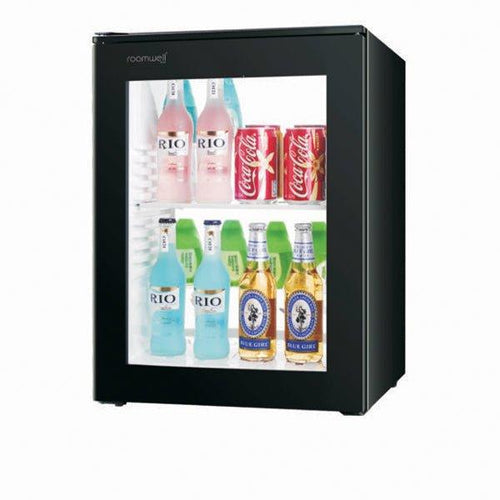 Roomwell UK High Cool Absorption Minibar, Glass Door 60 Liters, H 57 x W 49 x D 49 cm 100% Silent, Ultra-Cooling, CFC/HCFC Free, Color Black