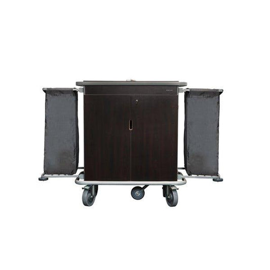 VM Signature 1100 Hotel Housekeeping Trolley, Large L 110 x W 50 x H 130 cm, 2 Adjustable Shelves, 1 Top Compartment, All Round Bumper, 4 Non-Marking Wheels, 5th Middle Castor, Foldable Bag Holder, Color Beechwood