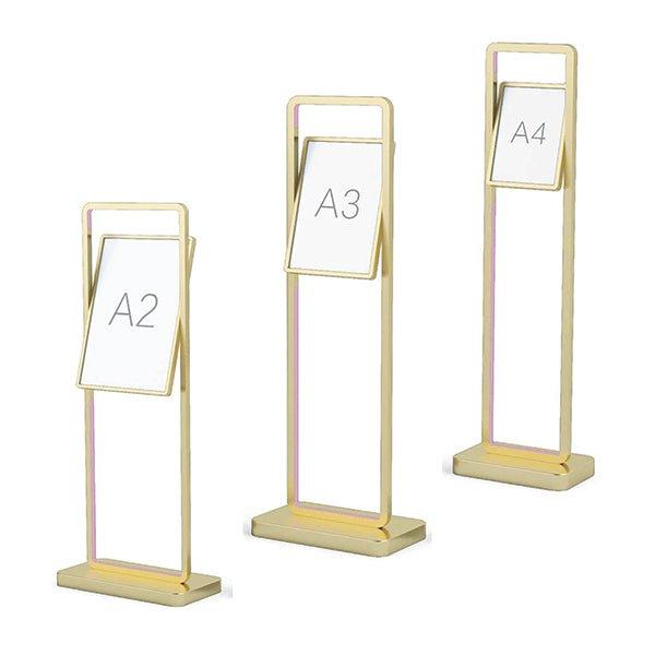 Notice Board A4 L 120 x W 45 x H 75 cm, Display Stand, Product Information Stand, Strong Metal Frame, Anti-Glare Cover To Protect Signage, Color Gold - HorecaStore