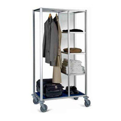 VM Hotel Room Relocation Trolley L 92.5 x W 57 x H 171 cm, 3 Tiers, 1 Base Carpeted, 1 Built In Clothes Hanger, Silver